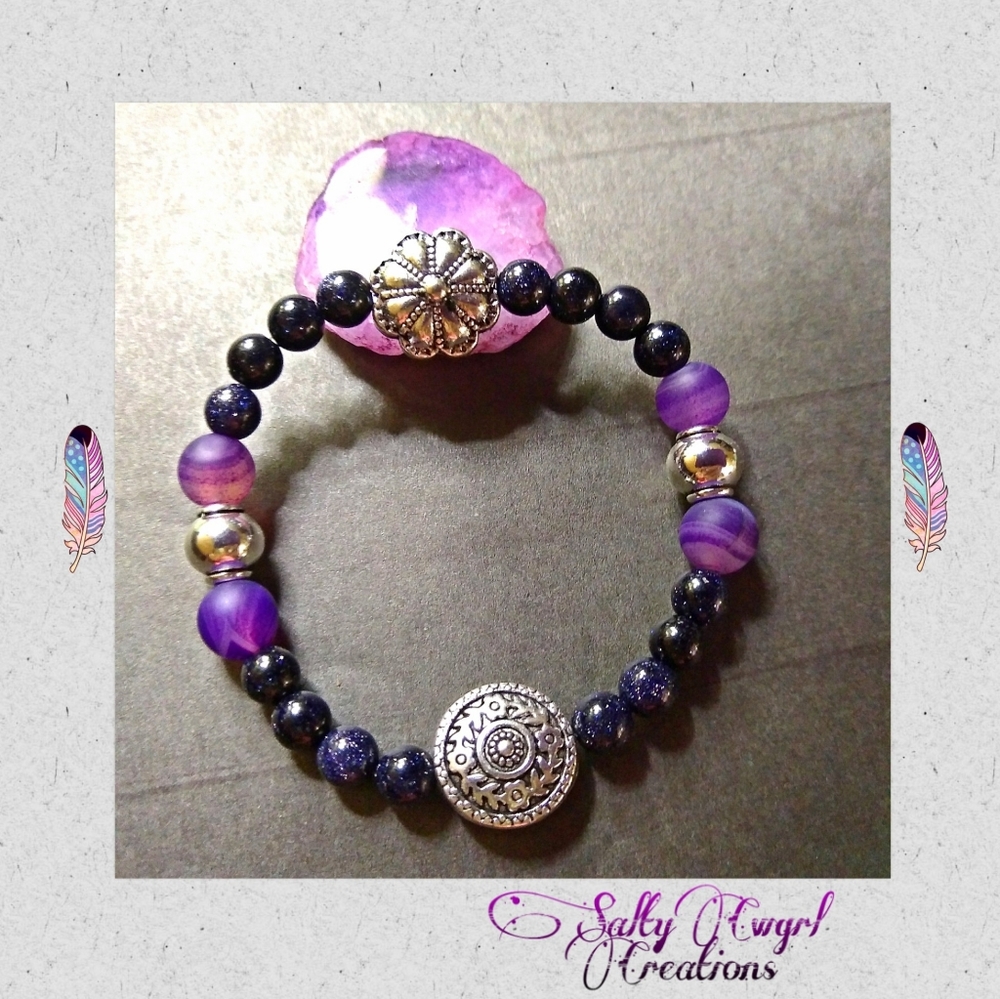 Blue Sandstone, Banded Agate & Silver Bracelet